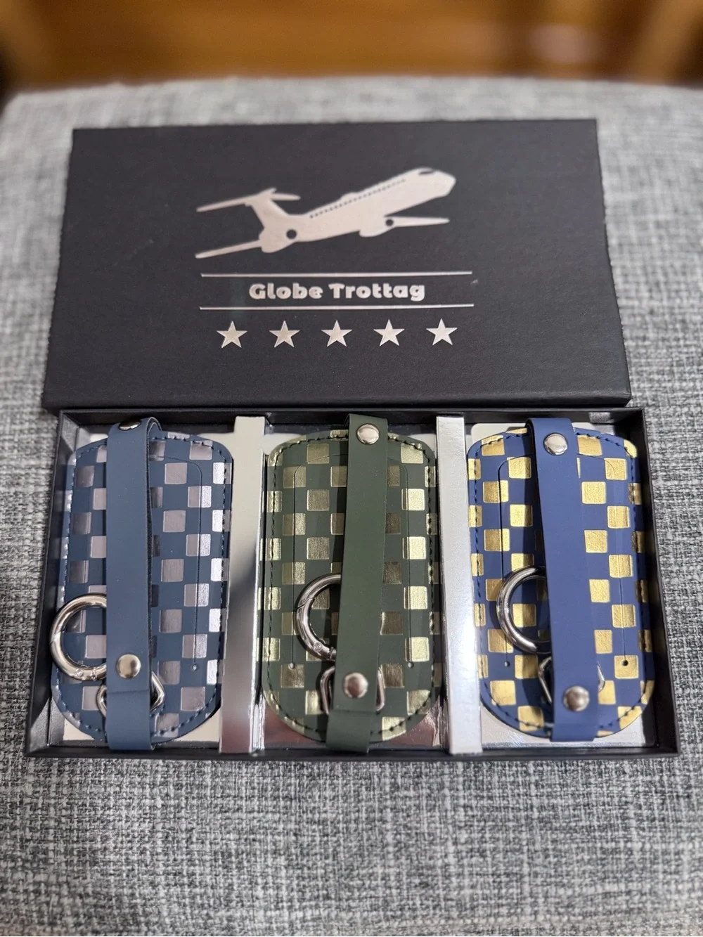 Checkered Leather Luggage Tag Set - Blue, Green, Gray